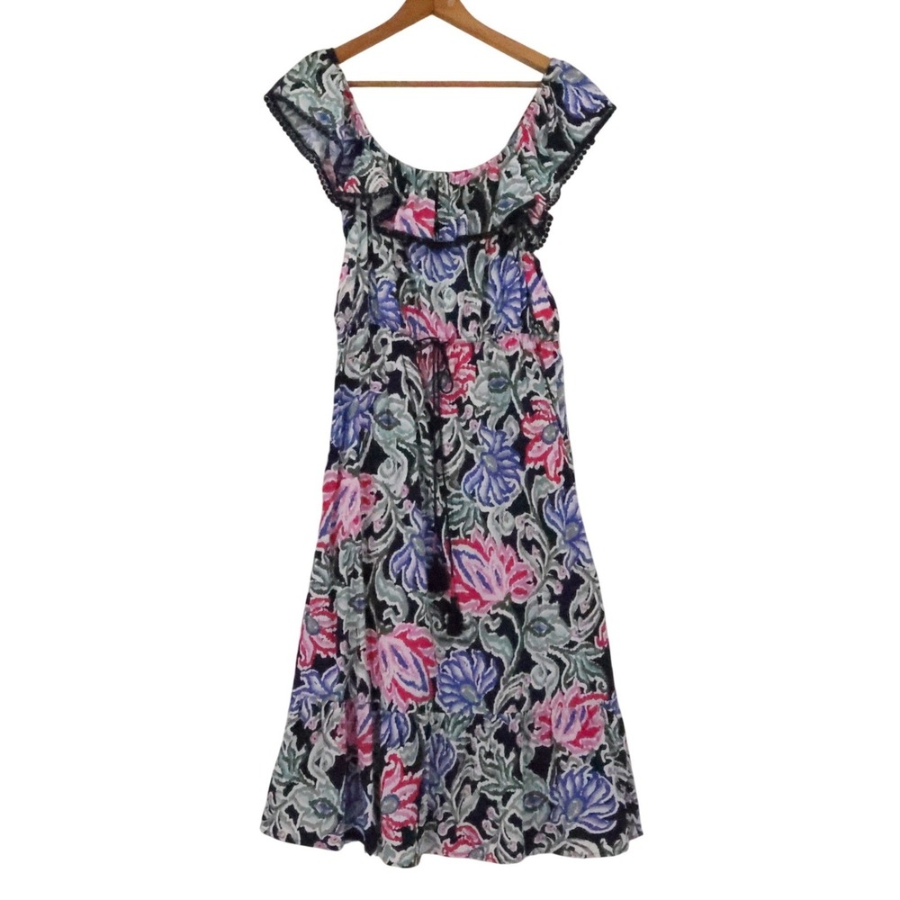 Loft Floral Ruffle Midi Dress Womens Size M Vacation Resort Cruise Tassels Boho